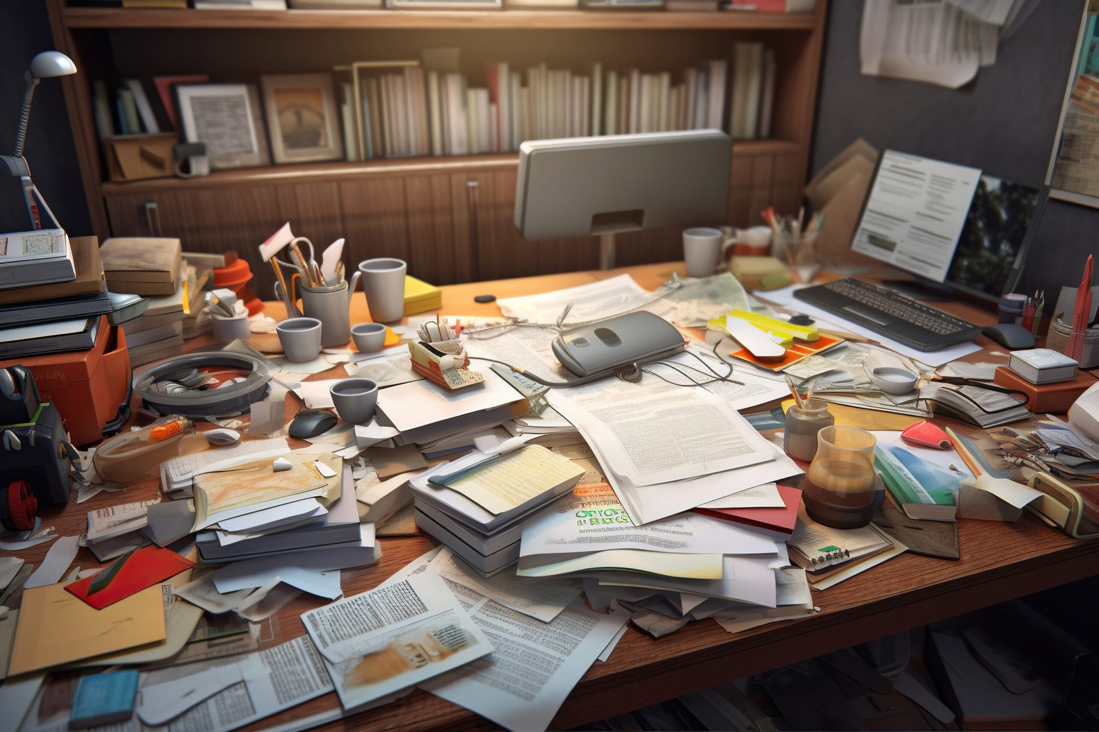 Messy cluttered office desk with computer, books, documents and other items, Generative AI