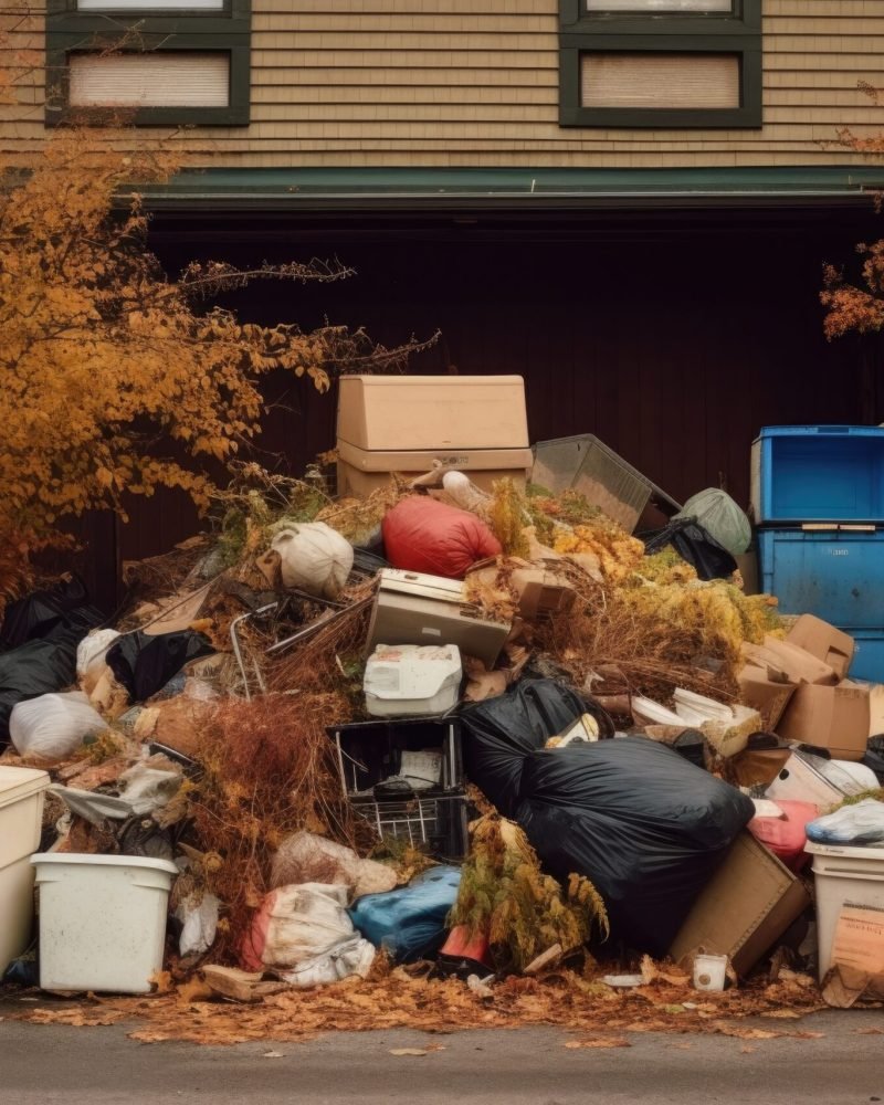 excess garbage piled beside an overfilled dumpster, created with generative ai